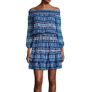 Shoshanna Blue Rosalyn Off the Shoulder Printed Silk Blouson Mini Dress 2 Ruffle
